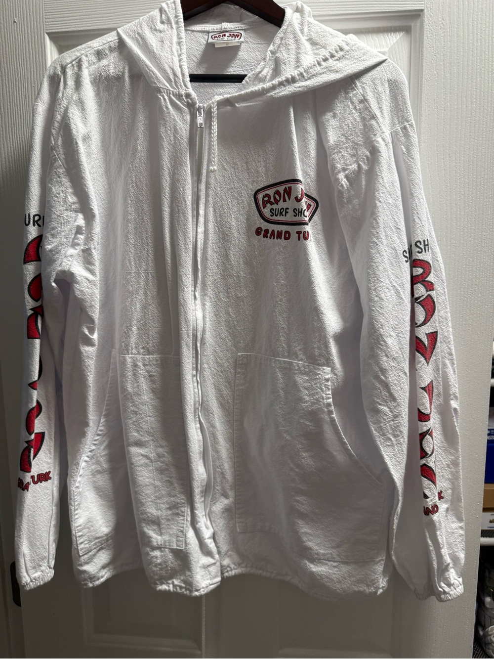 Ron Jon Surf Shop White Zip-Up Hoodie with Red Logo- Size XL